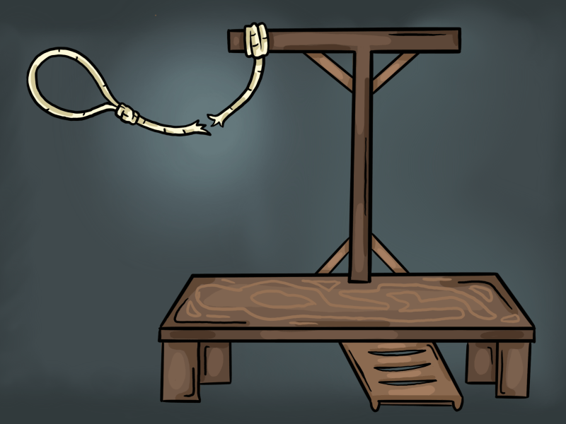 Digital art illustration of a gallows with the rope snapped in half.