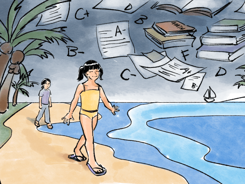 Illustration of a young Asian girl and her stern-looking Asian mother behind her walking down a beach with an ominous sky filled with homework, books, and letter grades above them.