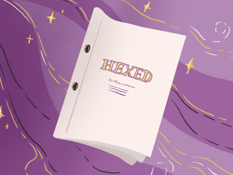 A script titled “Hexed” over a purple background with yellow stars as well as black, yellow and white stripes.