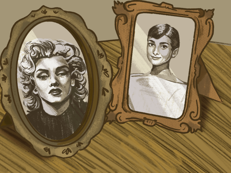 Illustration of old, dusty monochromatic framed photos of Marilyn Monroe & Audrey Hepburn sitting on a table.
