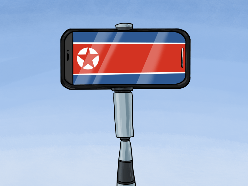 Illustration of a phone with the North Korean flag on it on a selfie stick.
