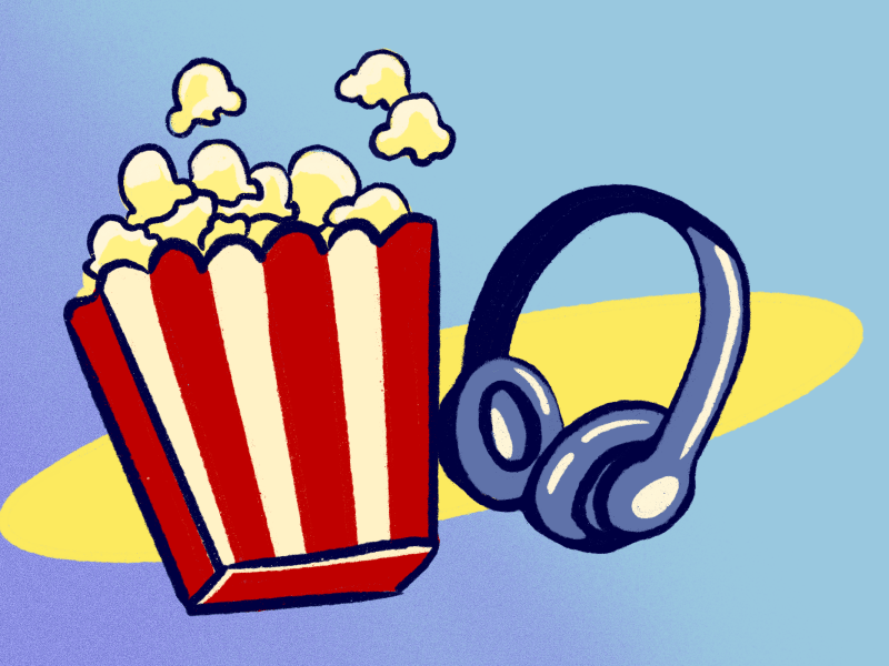 Cartoonish illustration of a bin of popcorn and a pair of headphones over a plain background