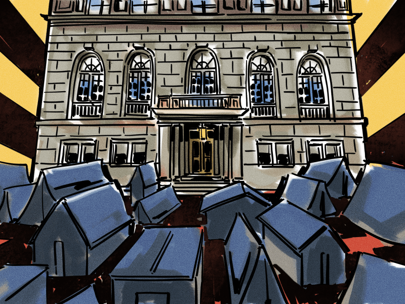 Illustration of Hoover-ville tents surrounding the front of the Victims of Communism museum.