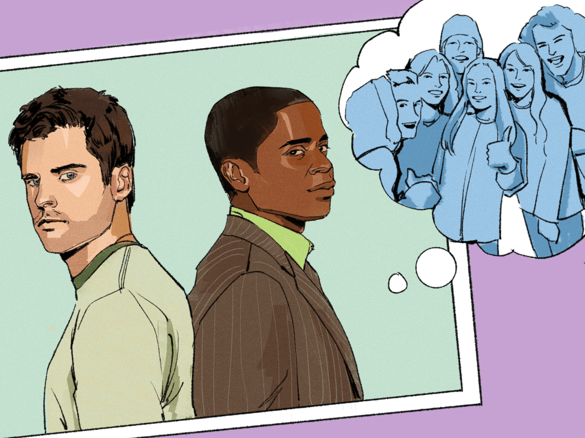 Illustration of a photo of Shawn and Gus from "Psych" and a thought bubble that shows a group of friends.