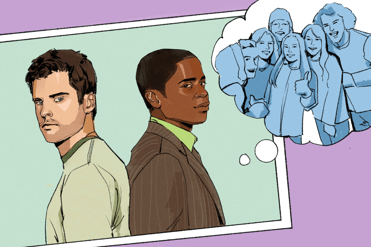 Illustration of a photo of Shawn and Gus from "Psych" and a thought bubble that shows a group of friends.