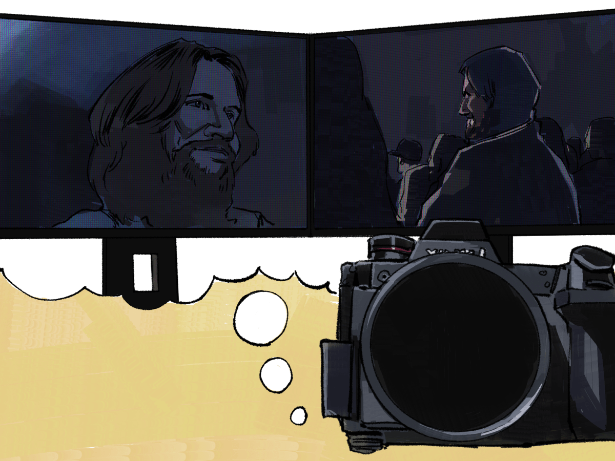 Illustration of a camera from Bo Burnham's "Inside" with a thought bubble that shows a dual computer display monitor set-up; on the left screen is a picture of Bo Burnham from the end of “Inside” smiling grimly and on the right screen is a picture of Bo at a Phoebe Bridgers concert.