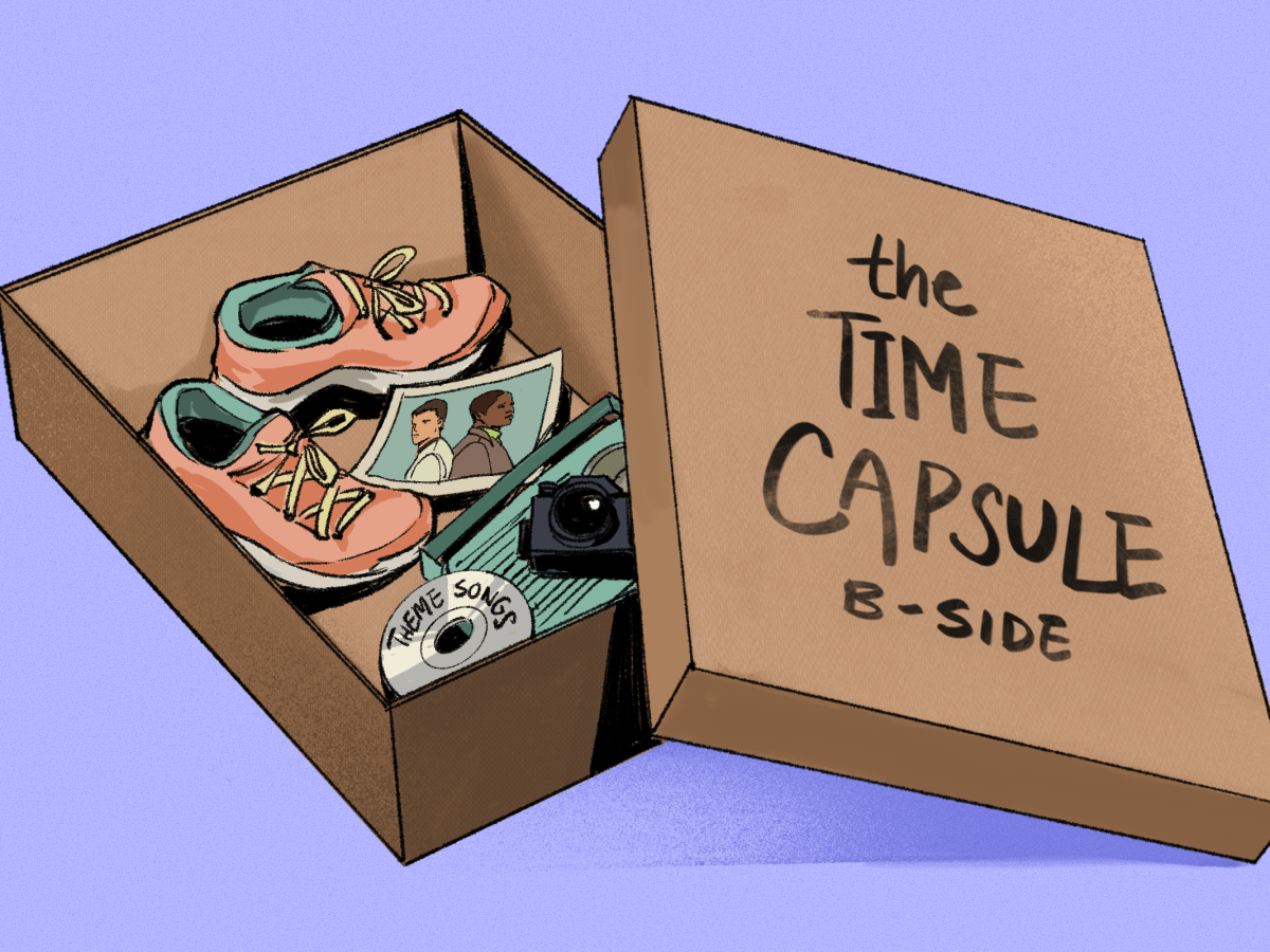 Illustration of a cardboard box with the lid propped up against the side and “The Time Capsule B-Side” sharpied on it. Inside the box is a car radio, a pair of running shoes, a camera, a photo of Shawn and Gus from “Psych,” and a CD with “theme songs” written on it.