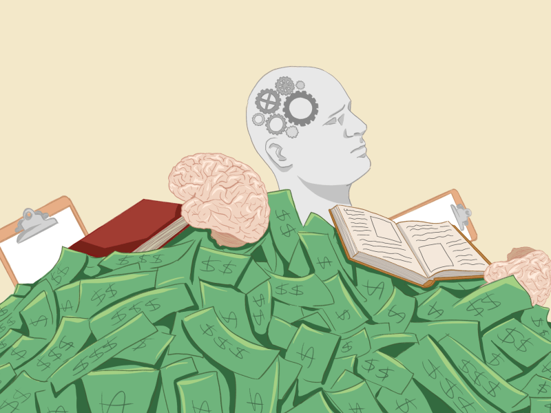 Digital Illustration of a pile of money that has books, brains, clipboards, and a head that has gears in it placed on top.