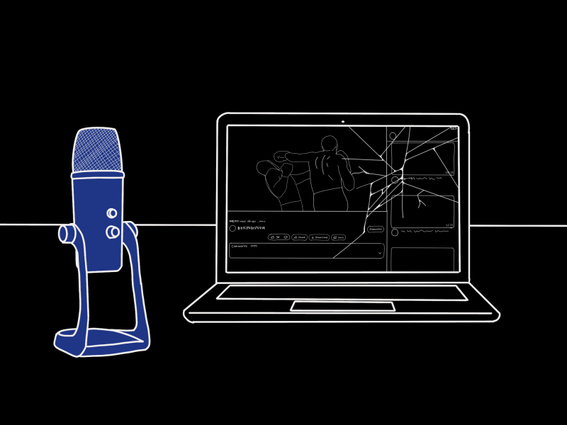 Black and white digital art illustration of a laptop screen open on a table, showing two people in a youtube video boxing. The laptop screen is cracked and there is a podcast microphone sitting next to it. Drawn in a realistic style.